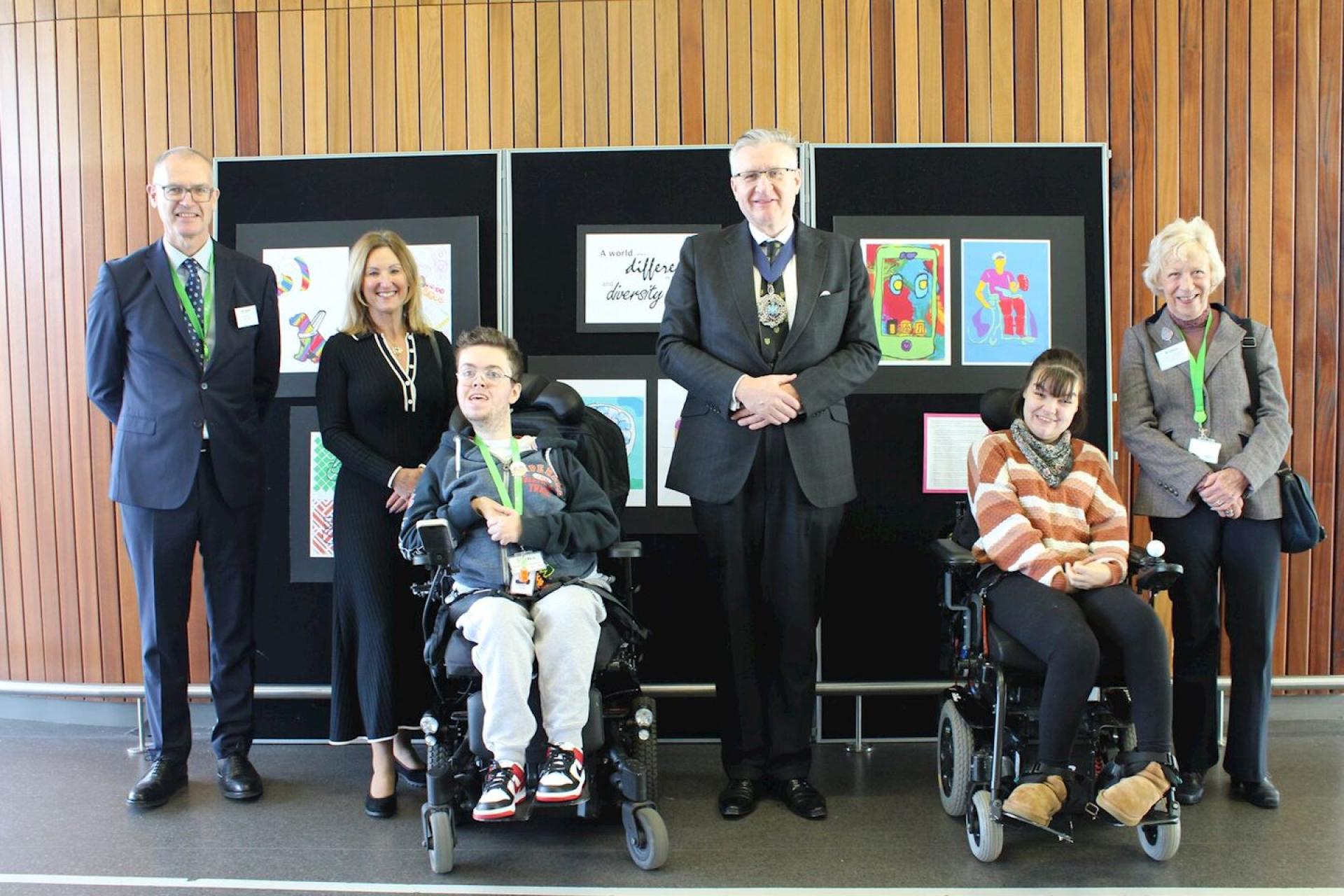 the Lord Mayor of the City of London, Alderman Alastair King and the Representative Lady Mayoress, Corinne Lee, with Treloar's student governors Archie and Is, Principal Martin Ingram and Chair of Trustees Win Normington