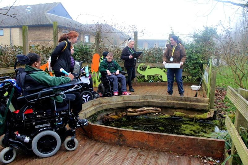 Deadwater Valley Trust Rangers leading a session in Treloar's outdoor learning area, here at the pond, conducting a practical outdoor activity and showing Treloar's students what organisms live in the water.