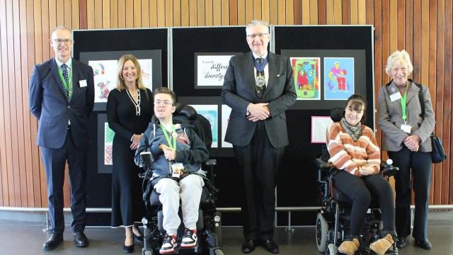 the Lord Mayor of the City of London, Alderman Alastair King and the Representative Lady Mayoress, Corinne Lee, with Treloar's student governors Archie and Is, Principal Martin Ingram and Chair of Trustees Win Normington