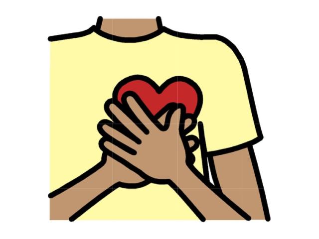 Cartoon person showing hands on heart