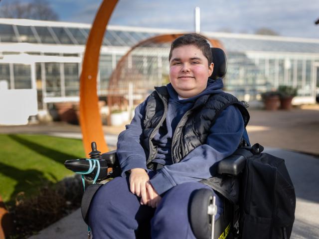 Treloar College student Thomas in the Outdoor Learning Centre