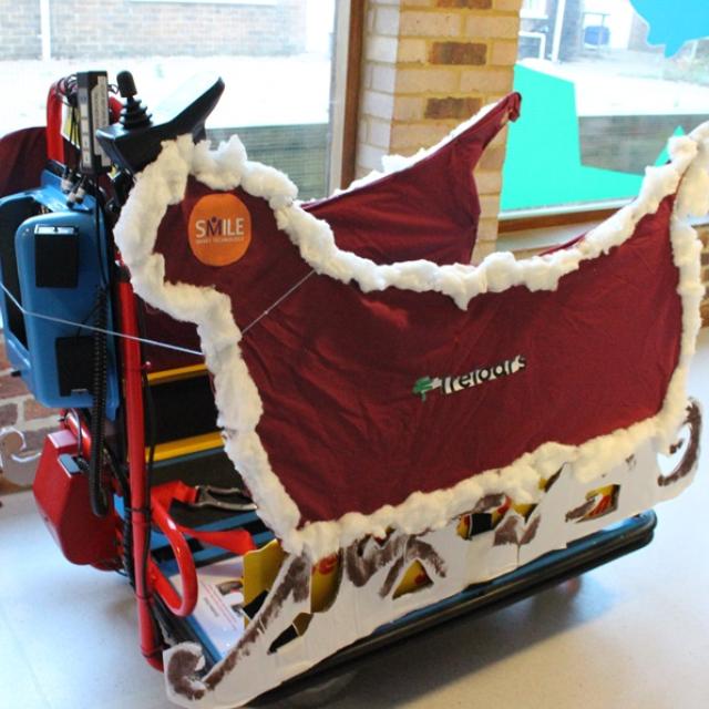 The festive DriveDeck - a driving platform used across Treloar's site to help students practise their wheelchair driving skills.