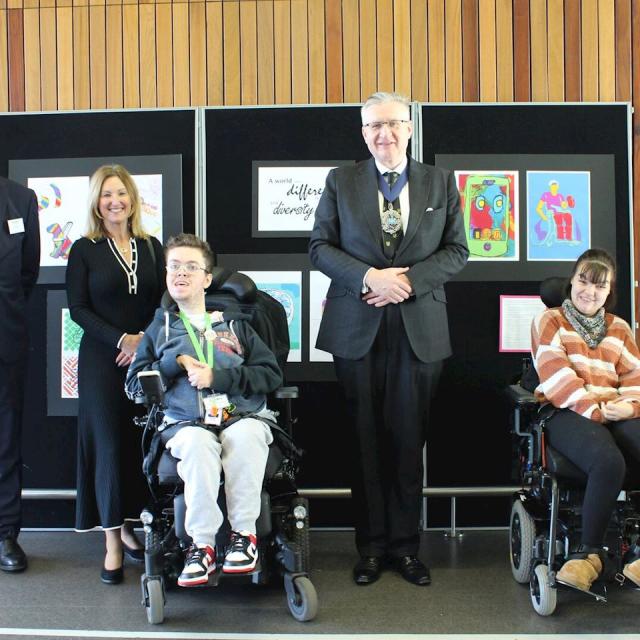 the Lord Mayor of the City of London, Alderman Alastair King and the Representative Lady Mayoress, Corinne Lee, with Treloar's student governors Archie and Is, Principal Martin Ingram and Chair of Trustees Win Normington