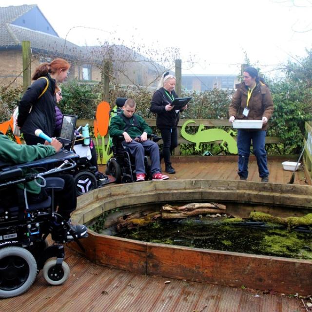 Deadwater Valley Trust Rangers leading a session in Treloar's outdoor learning area, here at the pond, conducting a practical outdoor activity and showing Treloar's students what organisms live in the water.