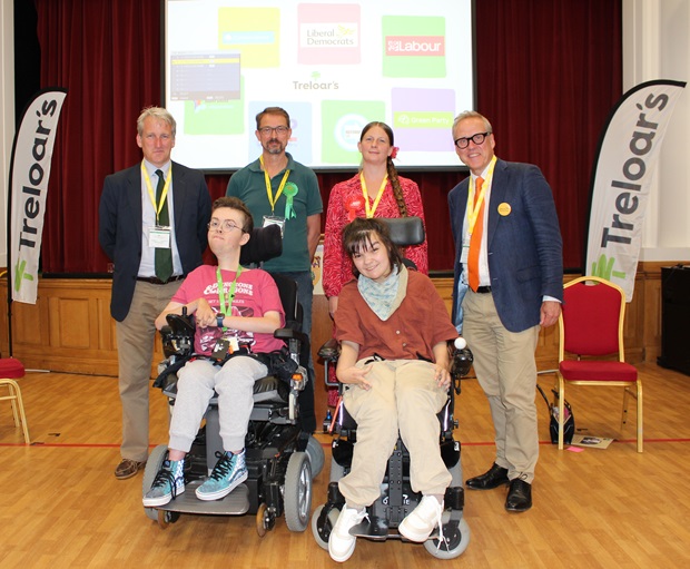 Treloar’s General Election Hustings: East Hampshire candidates Damian Hinds, Richard Knight, Lucy Sims and Dominic Martin with Treloar's student governors Archie and Issy.